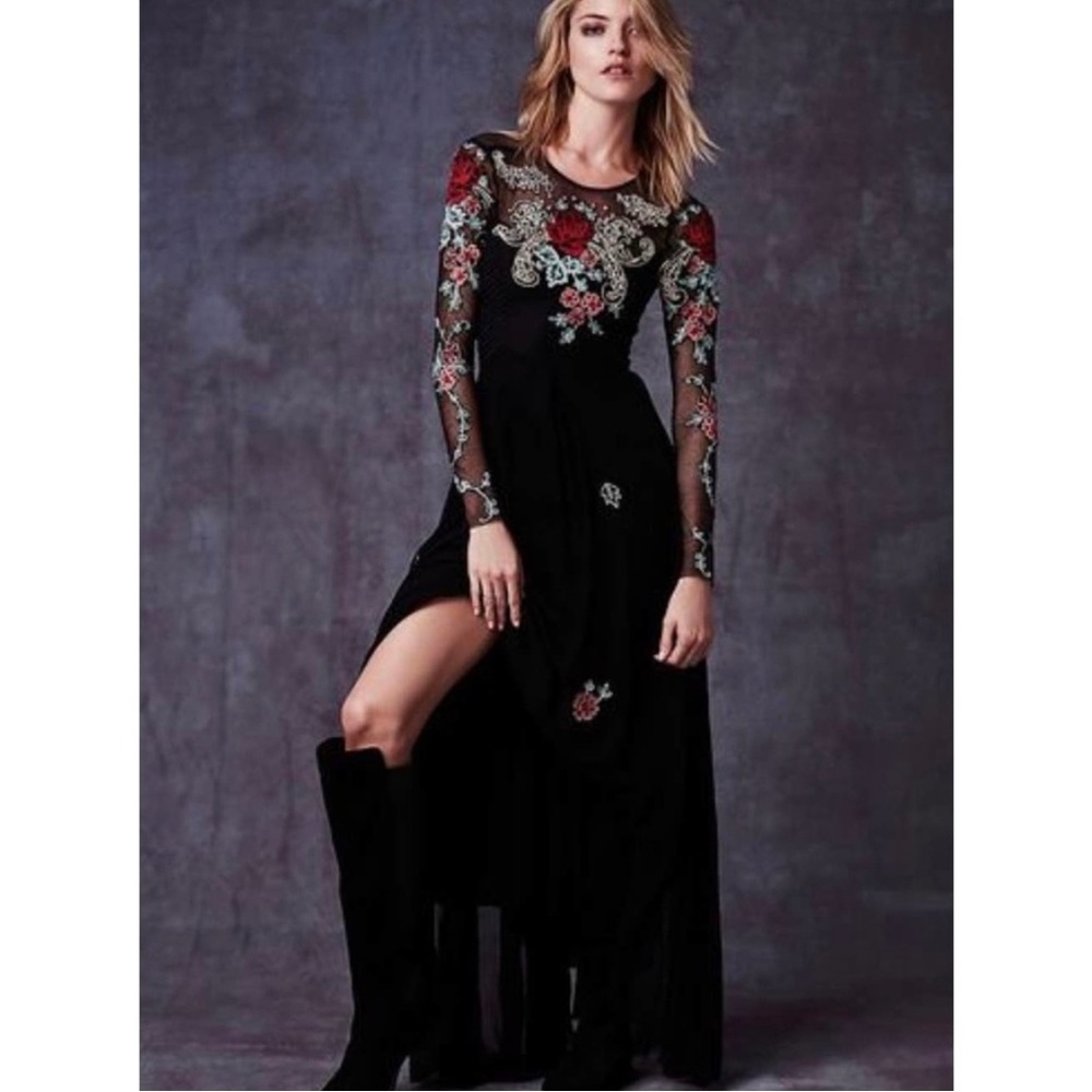 Free People ONE black mesh embroidered maxi dress S NWT